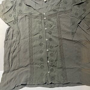 Maurices Olive Embroidered Button-Up Blouse